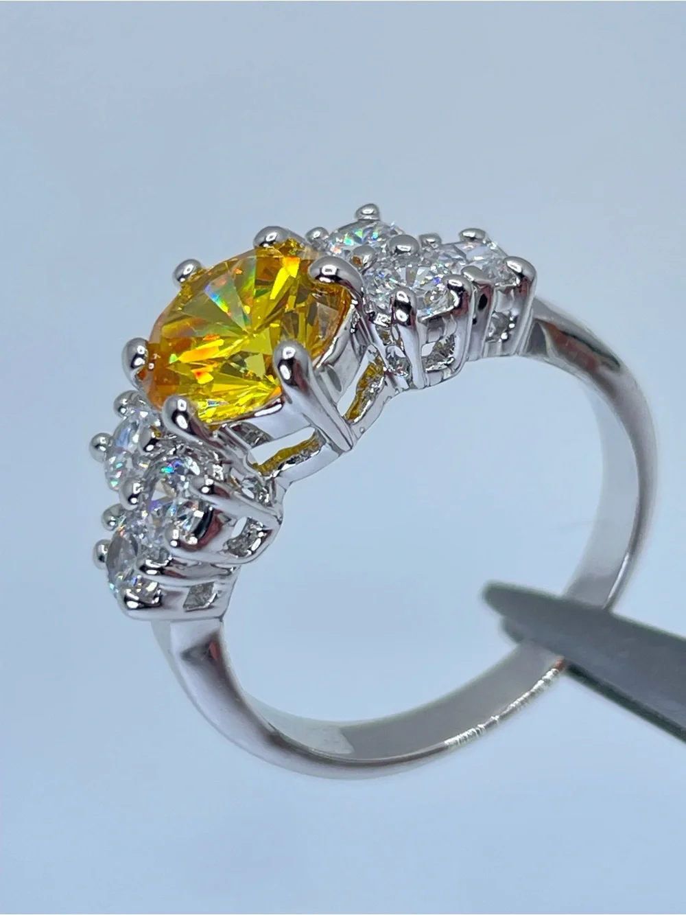 Swarovski Crystal Elements Canary Yellow Crystal Ring Silver Sz 6 Statement Glam